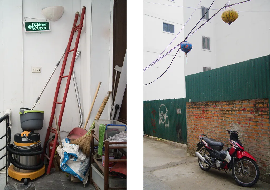 Photo spread of two images. On the left, a pile of stuff. On the right, an architectural composition with a motorbike and a couple of Vietnamese lanterns